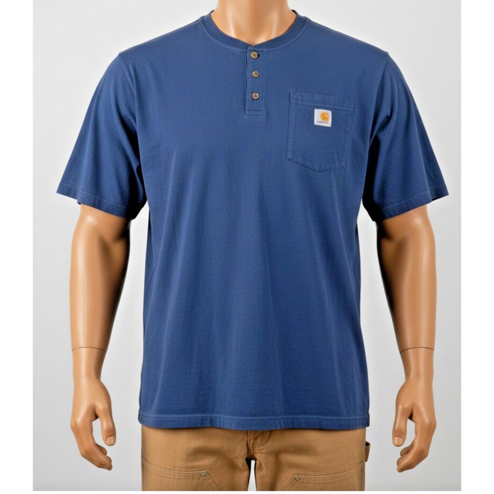 Carhartt Pocket Henley Mens 2XL Faded Blue Workwear Distressed Big and Tall